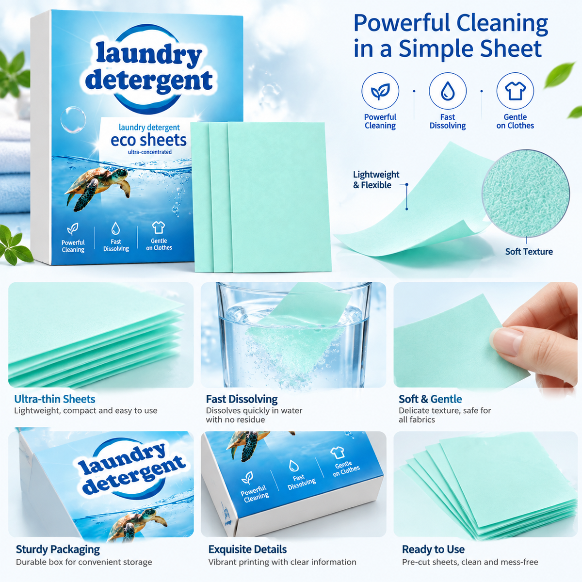 Laundry Cleaning Sheets for Daily Stain Removal – Mild Fresh Scent, 30 Sheets / 60 Sheets Options