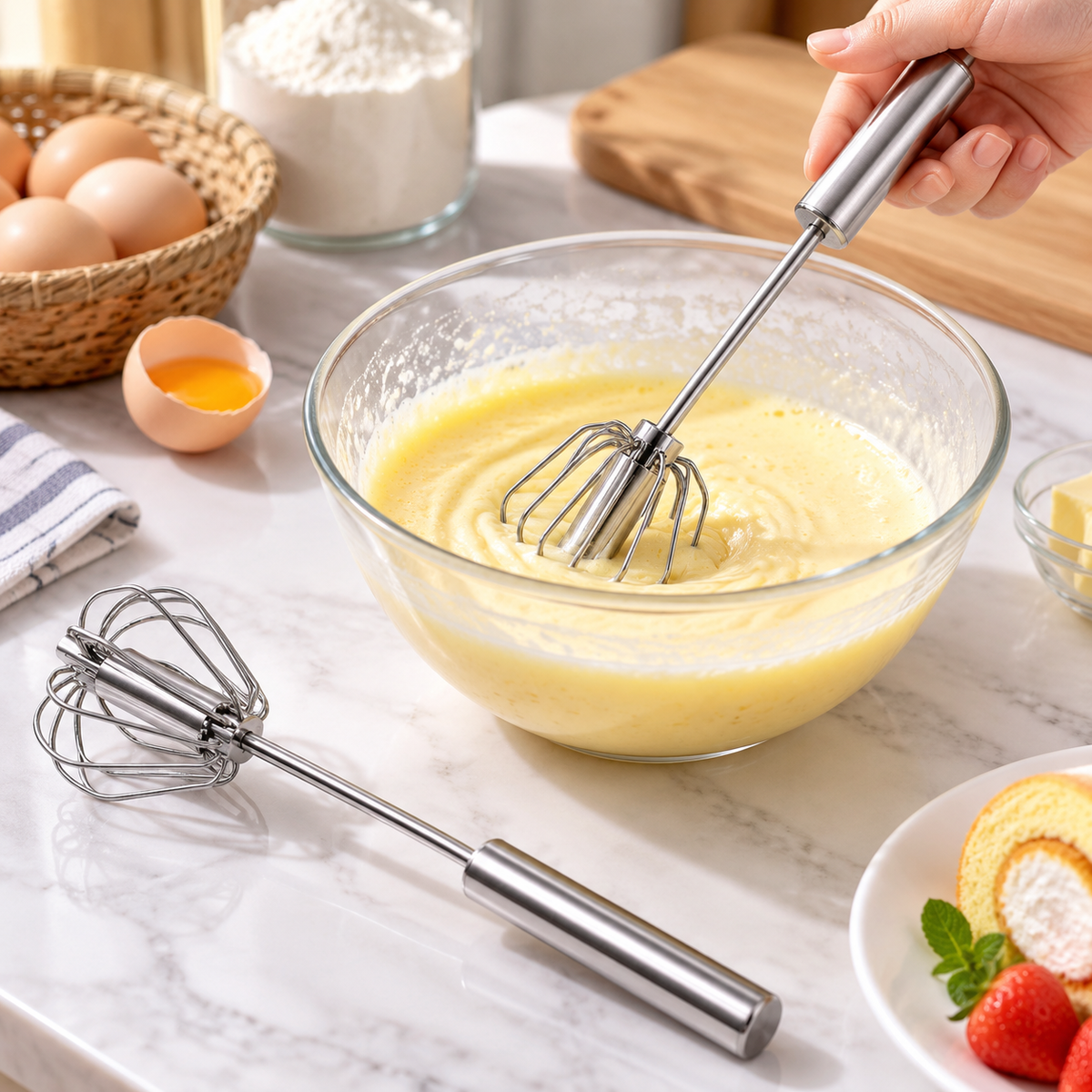 Semi-Automatic Stainless Steel Handheld Whisk for Eggs, Cream, and Baking