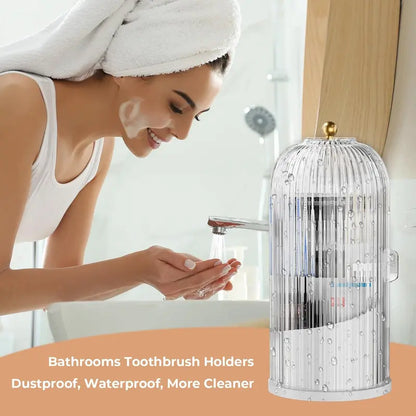 Rotating Dustproof Makeup Brush Organizer with Transparent Lid (Transparent White / Transparent Black)