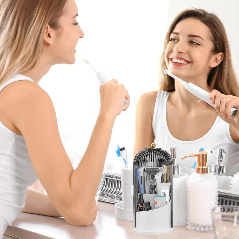 Rotating Dustproof Makeup Brush Organizer with Transparent Lid (Transparent White / Transparent Black)
